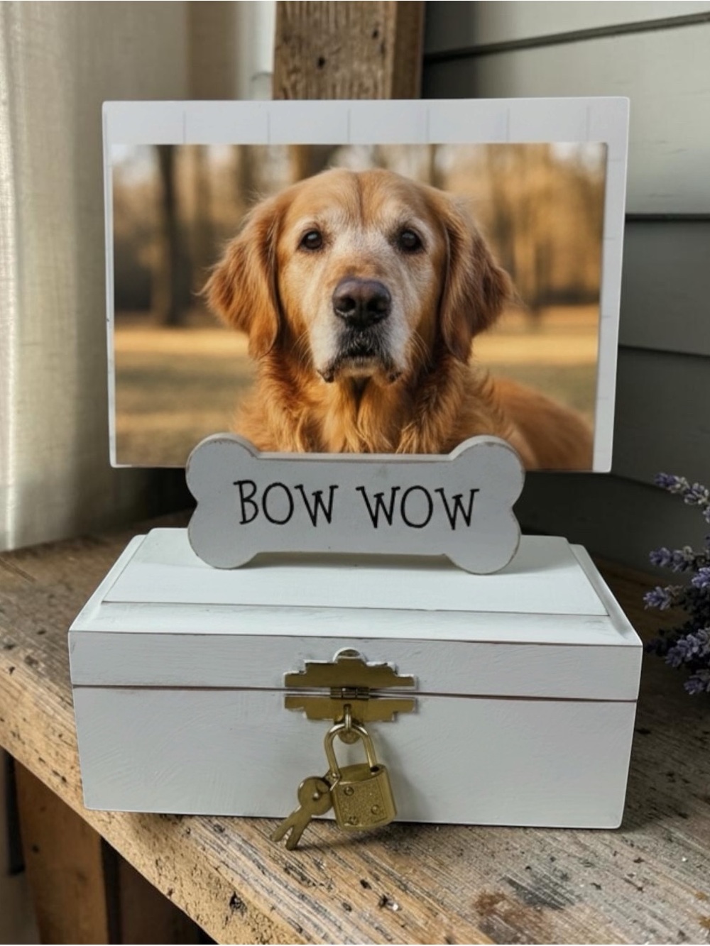 Wooden Pet Memorial Box with 'Bow Wow' Photo Holder - White